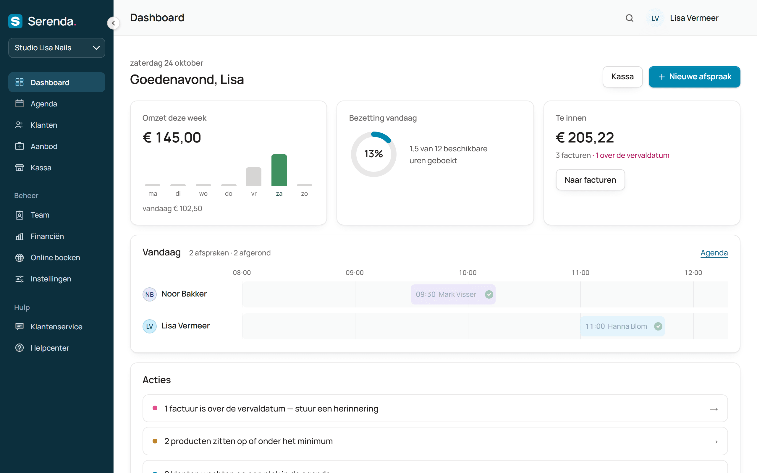 Het dashboard van een nagelstudio in Serenda op een laptop: omzet van de week, bezetting en de afspraken van vandaag